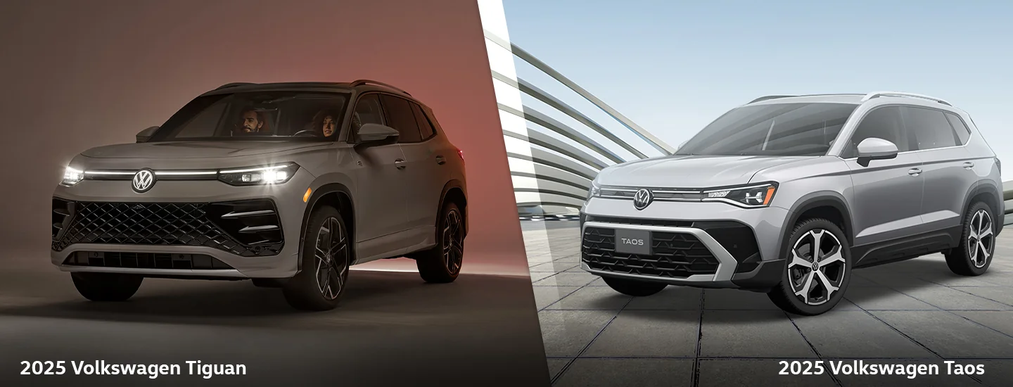 2025 Volkswagen Tiguan SEL R-Line and a 2025 Volkswagen Taos split image