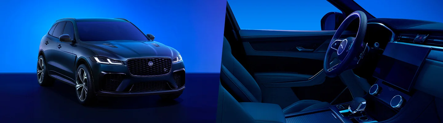split image of 2026 Jaguar F-Pace and its' interior