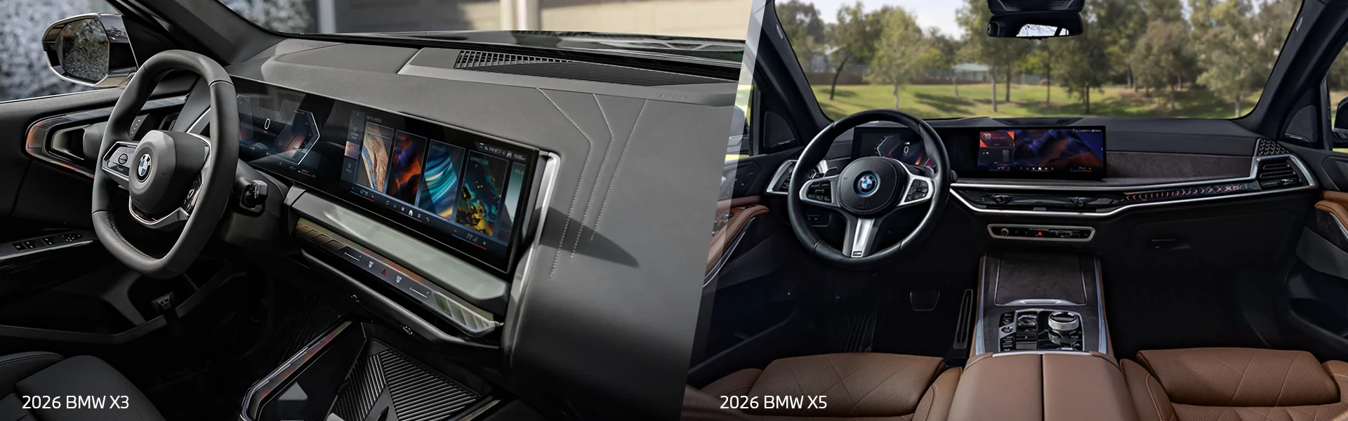 Side by side images of the interior of a 2026 BMW X3 and a 2026 BMW X5 dashboard and tech