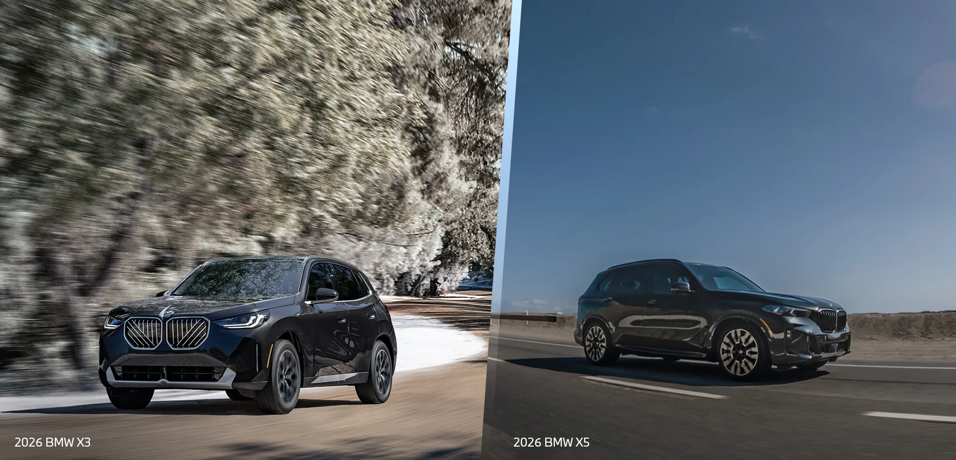 Side by side images of a 2026 BMW X3 and a 2026 BMW X5 driving on roads