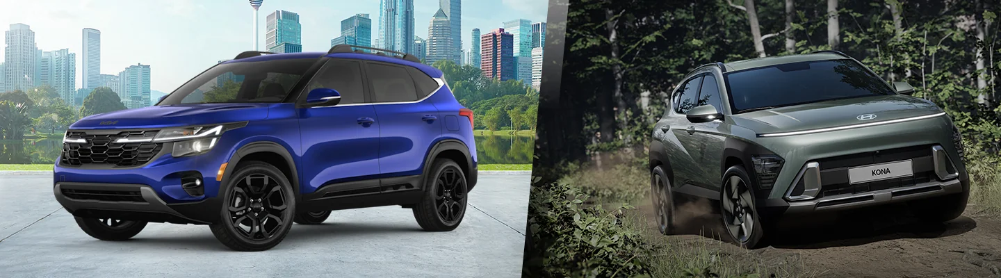 Kia Seltos and Hyundai Kona in a split image