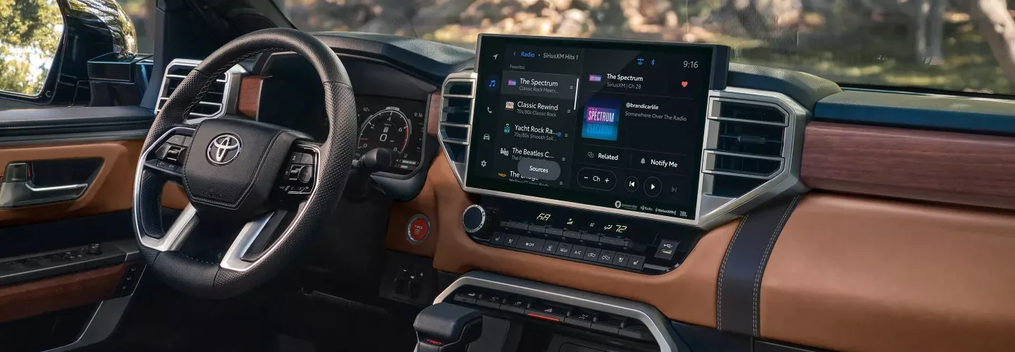 Interior view of the dashboard and tech of a 2025 Toyota Tundra
