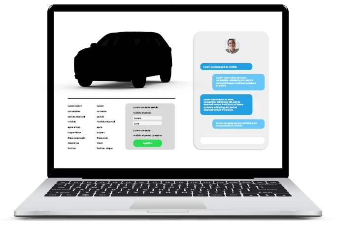 Laptop screen showing a red SUV above an online form on the left and a chat panel with user messages on the right.