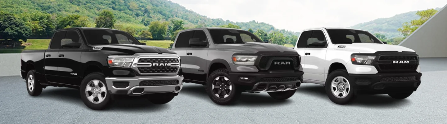 Lineup of 2024 Ram 1500 Big HornRebel CrewTradesman