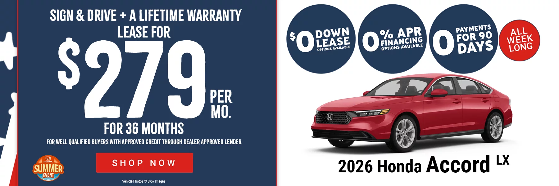 2026 Honda Accord LX Lease for $279 Per Month for 36 Months With $0 Due at Signing OR 0% For 60 Months. For well-qualified buyers with approved credit through dealer approved lender.