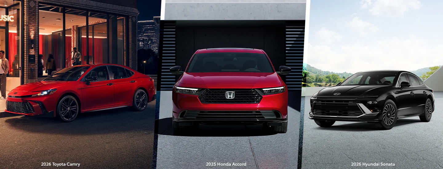 Side by side images of a 2026 Toyota Camry and Honda Accord and Hyundai Sonata