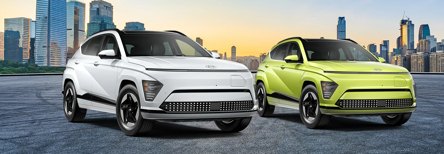 Two Hyundai Electric SUVs car, white and lime color with front view