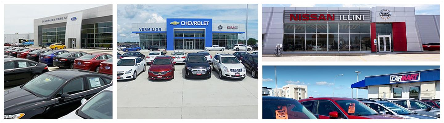 Vermilion Chevrolet Buick GMC, Champaign Ford City, Illini Nissan & Carmart collage