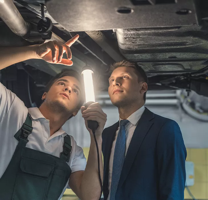 Mechanic under a car with a light