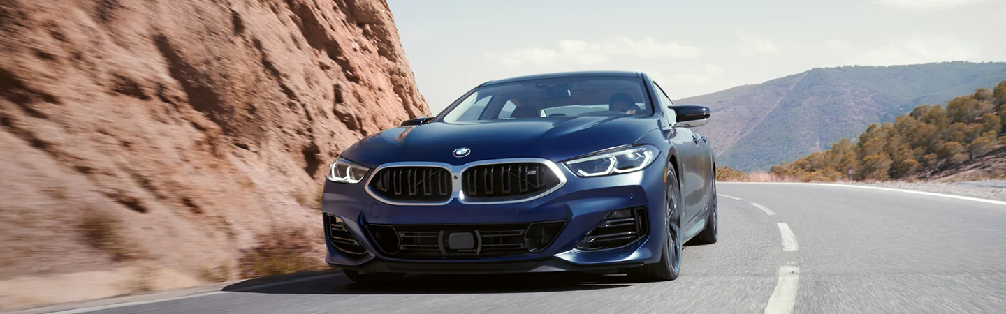 2025 BMW 8 Series dark blue color car driving on mountain
