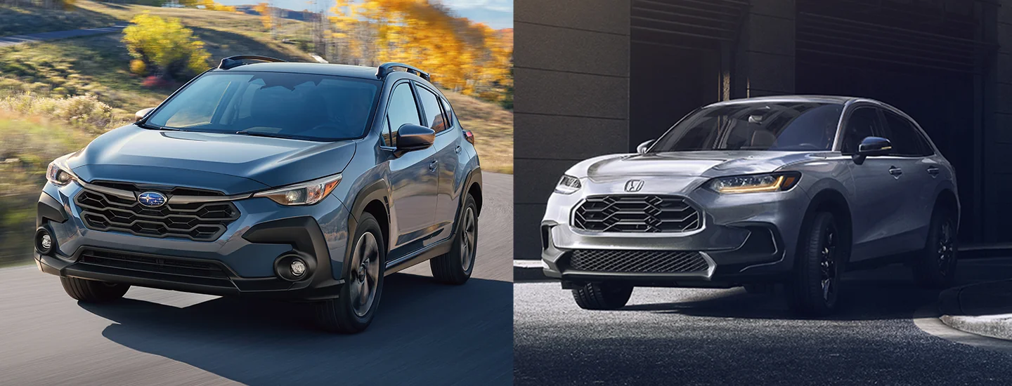 2 shades of blue 2025 Subaru Crosstrek and silver Honda HR-V split screen