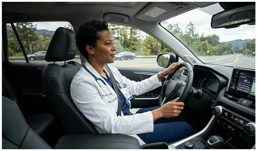 A women doctor driving there Subaru SUV ot work
