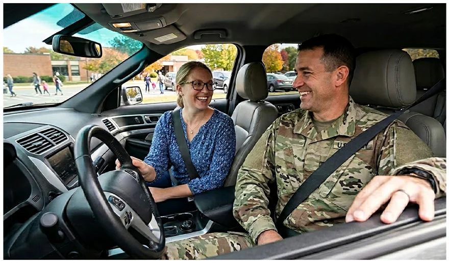 Military family sitting in there car having a laugh