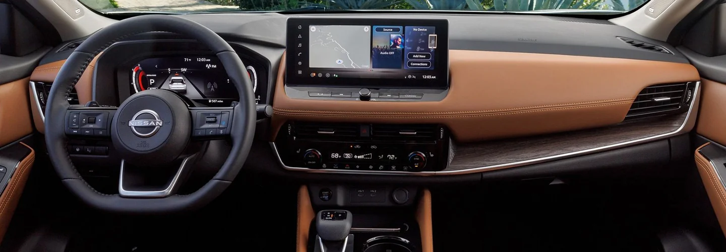 Interior view of the dashboard of a2024 Nissan Rogue