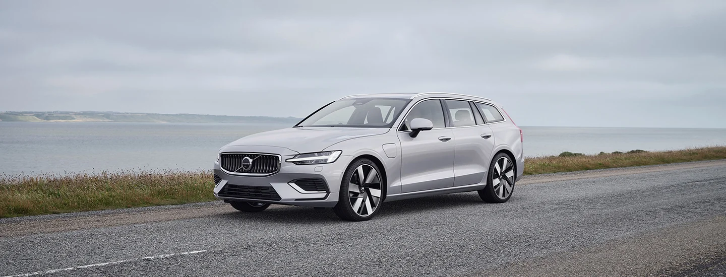 a front side view of a silver 2025 Volvo V60 Cross Country