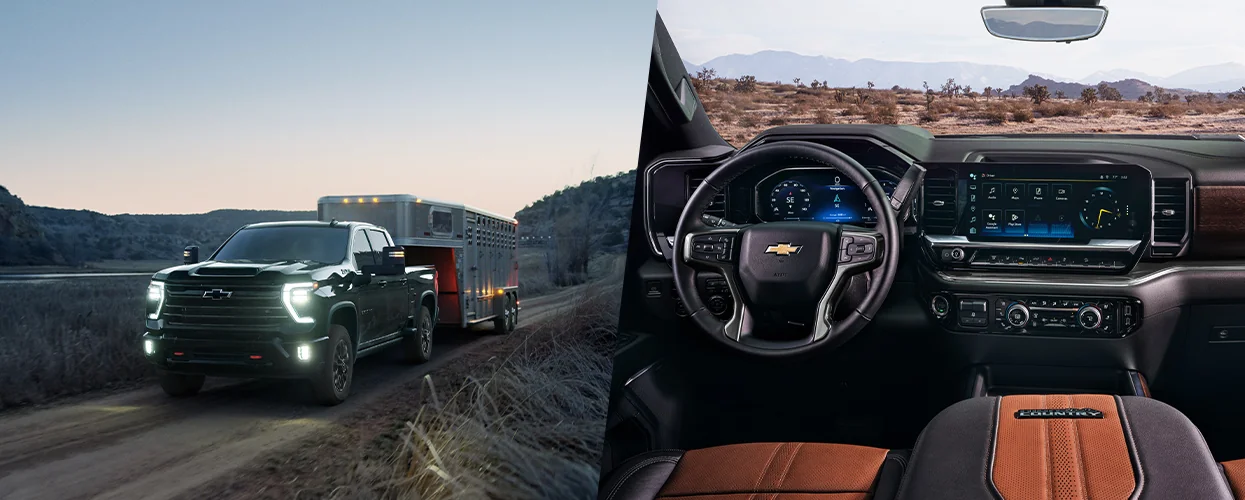 Side by side images of a 2026 Chevrolet Silverado HD pulling a hourse trailer and the other an image of the front seat and tech