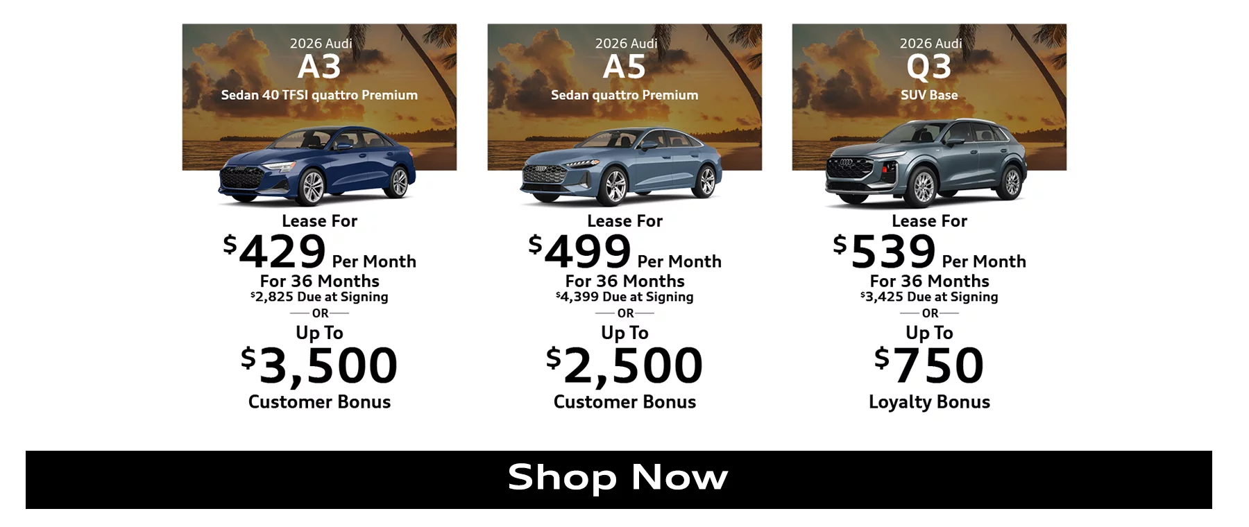 2026 Audi A3 Sedan 40 TFSI quattro Premium, 2026 Audi A5 Sedan quattro Premium, 2026 Audi Q3 SUV Base