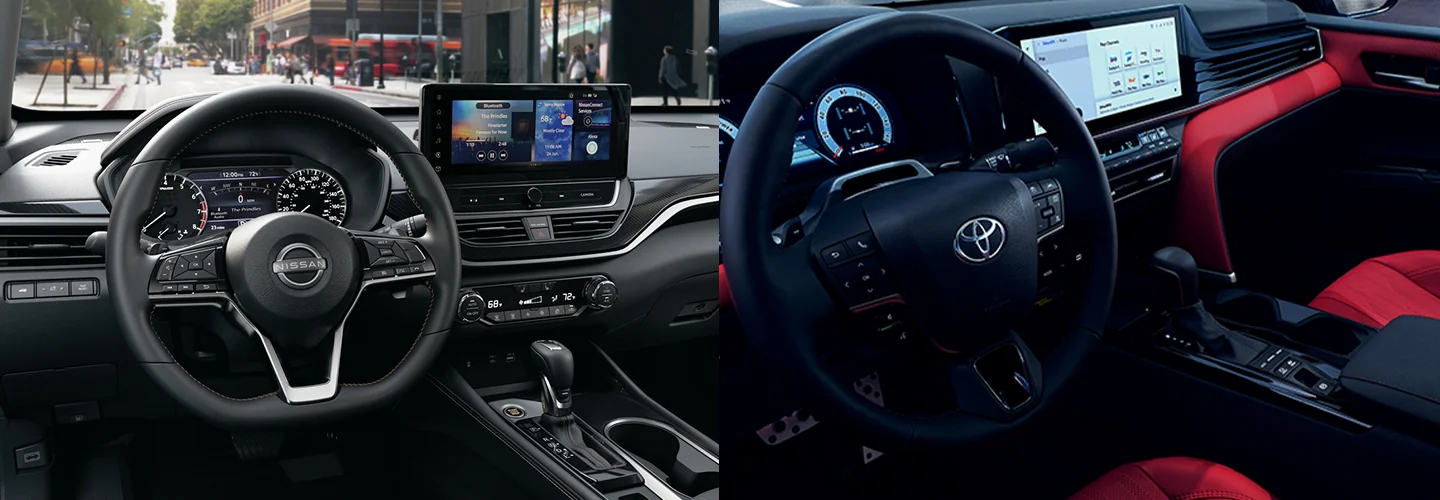Side by side images of a 2025 Nissan Altima and Toyota Camry dashboard