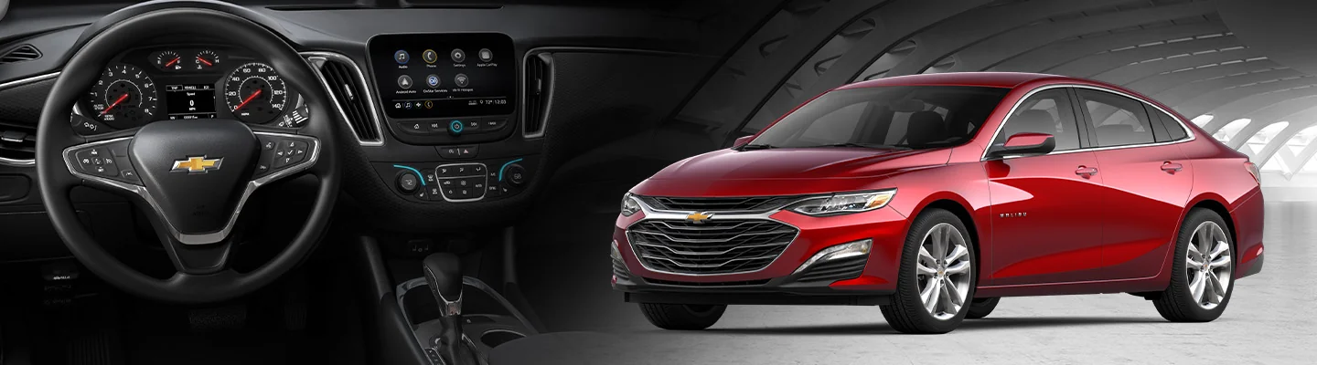 2025 Chevrolet Malibu interior and red exterior side by side