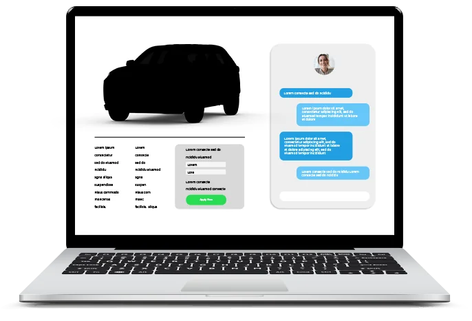Laptop screen showing a red SUV above an online form on the left and a chat panel with user messages on the right.