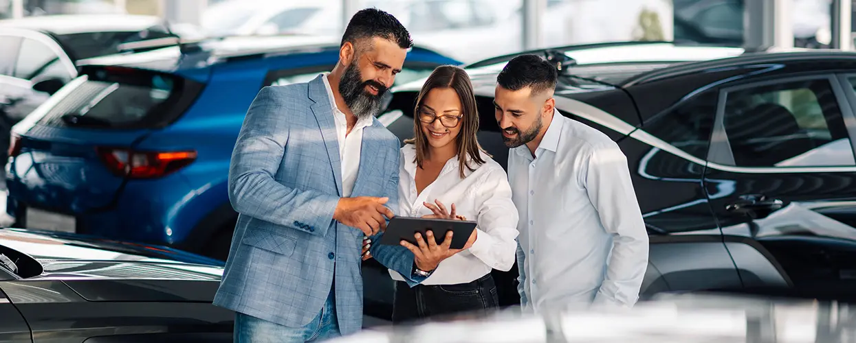 sharing information with couple in showroom