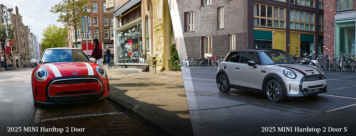 split screen of a 2025 MINI Hardtop 2-Door and 2025 MINI Cooper 2 Door S