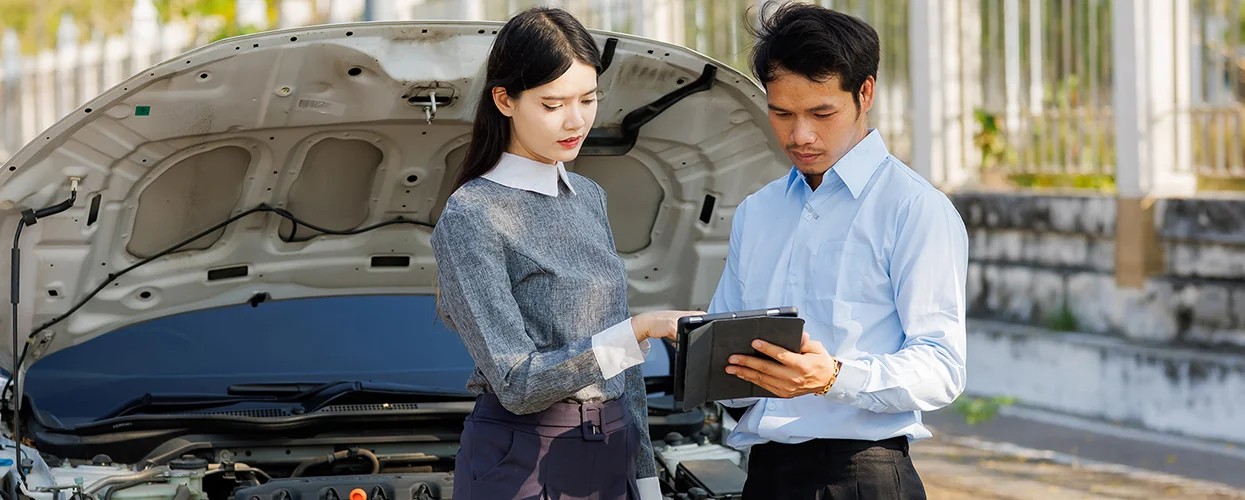 A man and woman are next to a car, examining a tablet together, indicating a collaborative task or discussion.