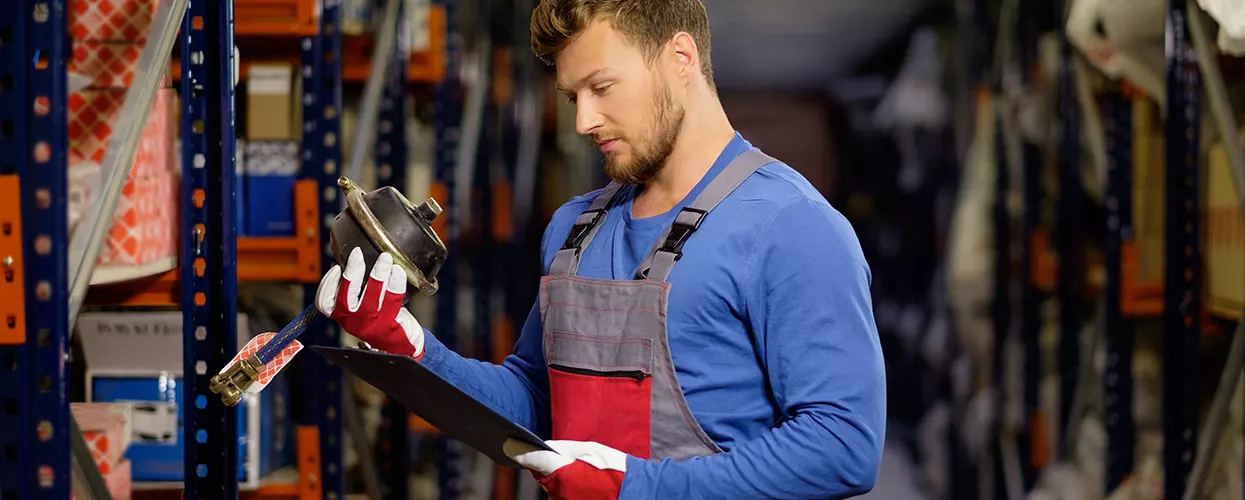 Service mechanic looking at OEM parts