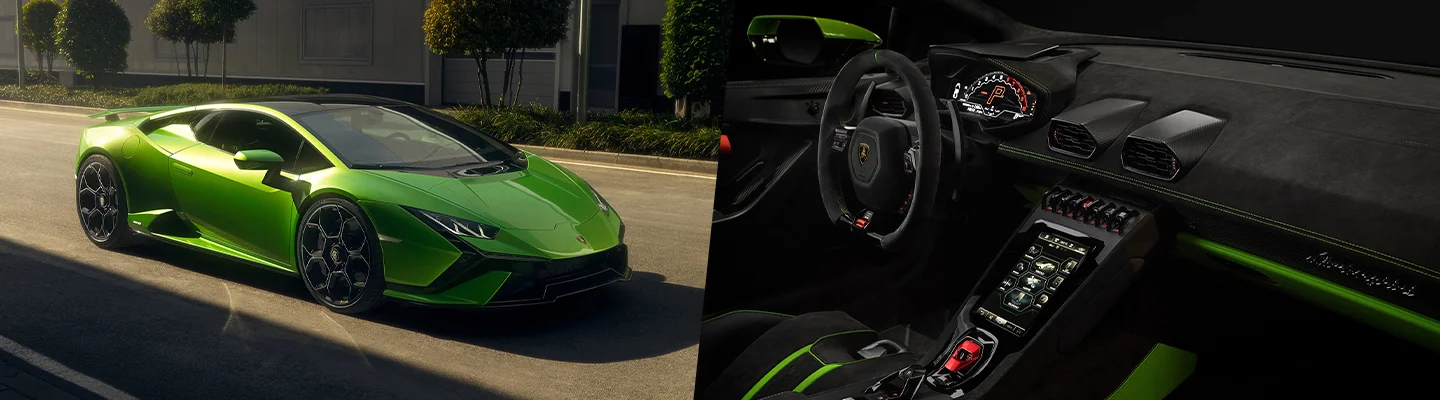 a green Lamborghini front view and a split screen with view of interior