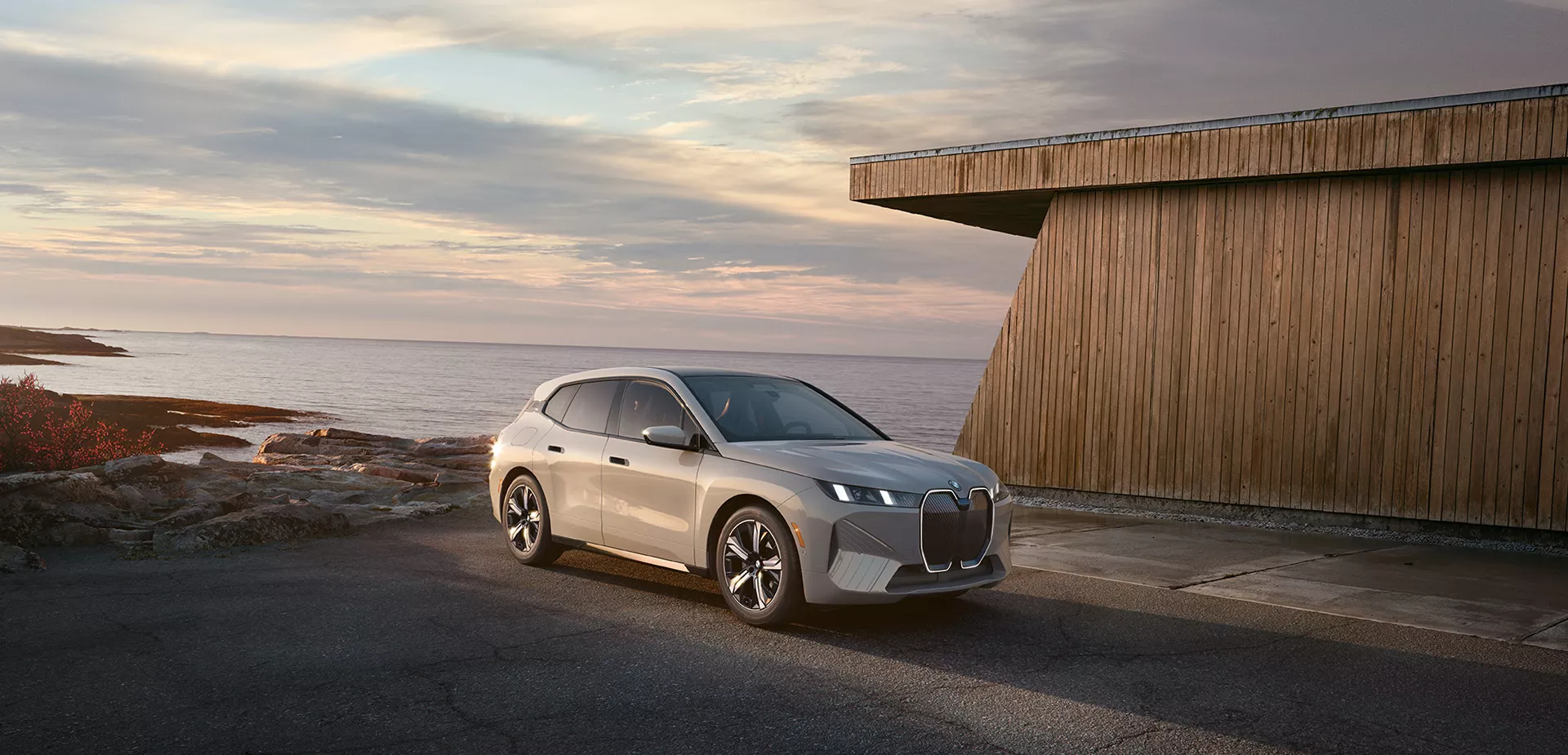 2026 BMW iX parked with the ocean behind it