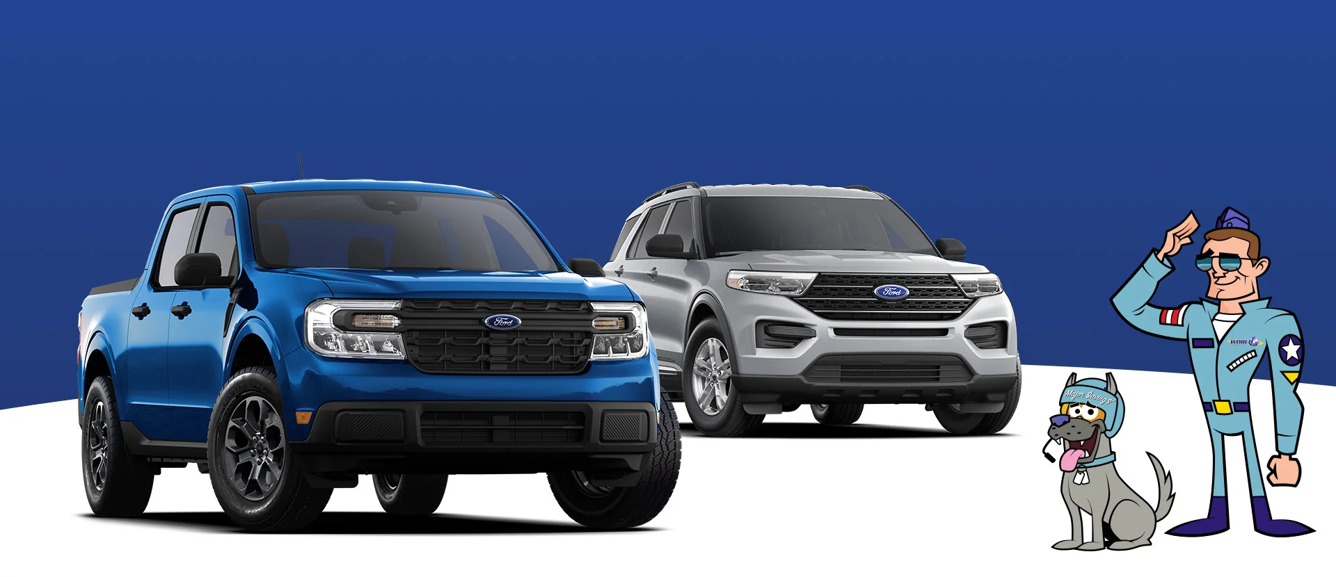 cartoon soldier and dog saluting a Ford car and truck
