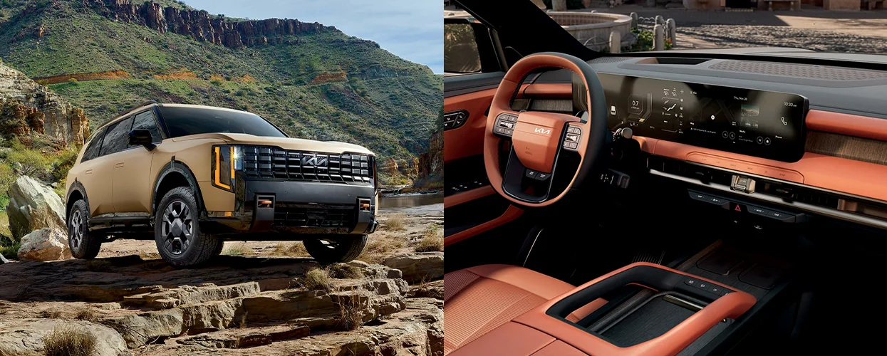Interior view of a 2027 Kia Telluride showcasing the dashboard and seats, alongside an exterior shot of the vehicle.