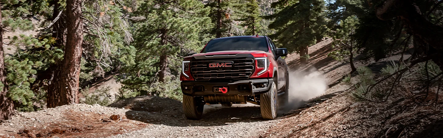 front of red GMC Sierra 1500 in woods