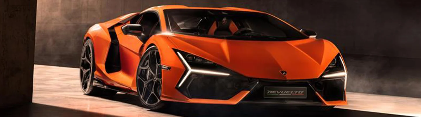 Lamborghini Revuelto parked with the sun glaring in the background