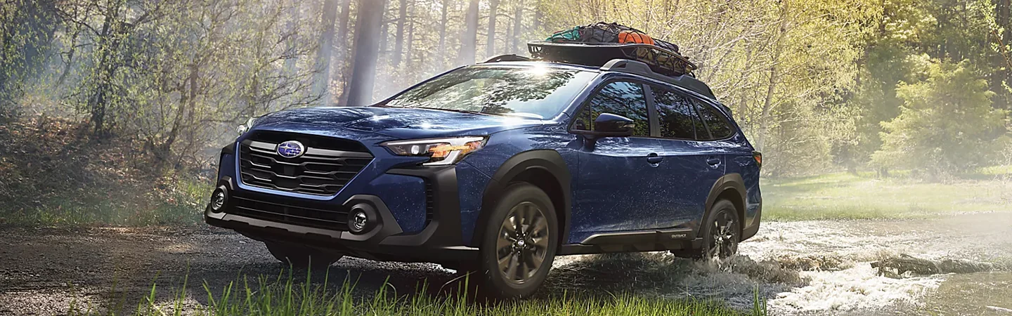 2024 Subaru Outback vs 2024 Ford Bronco blue color and front view