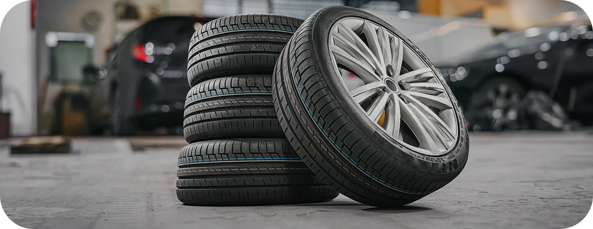 Stack of tires in a tire service center
