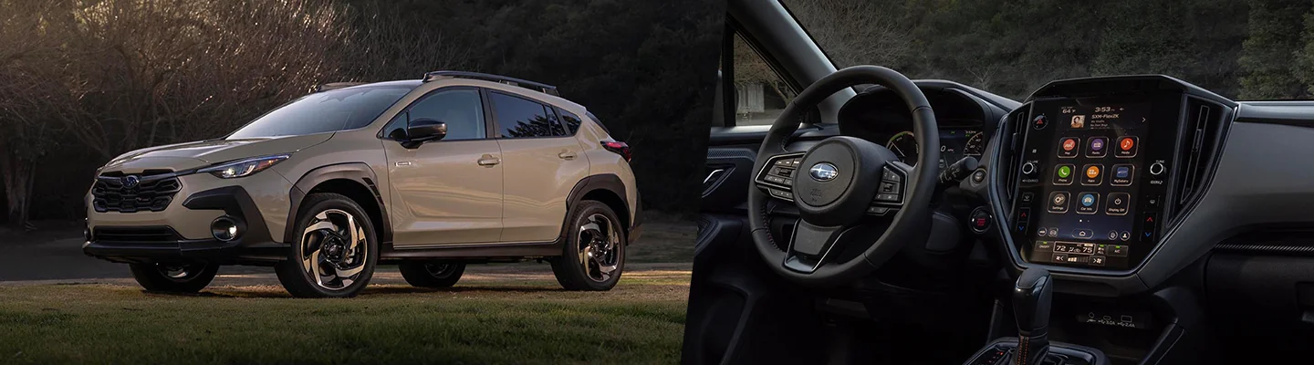 2026 Subaru Crosstrek front view split image with interior view also