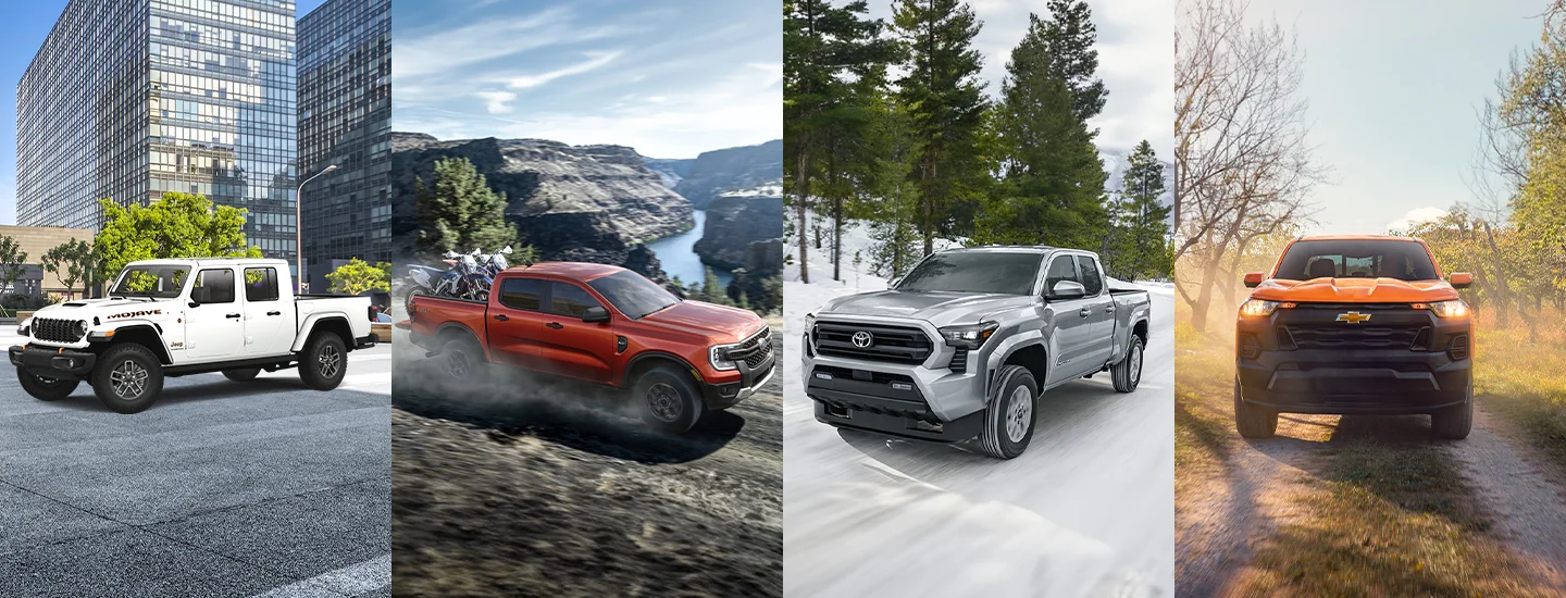 Side by side images of a 2025 Jeep Gladiator 2025 Ford Ranger Raptor 2025 Toyota Tacoma and a 2025 Chevrolet Colorado