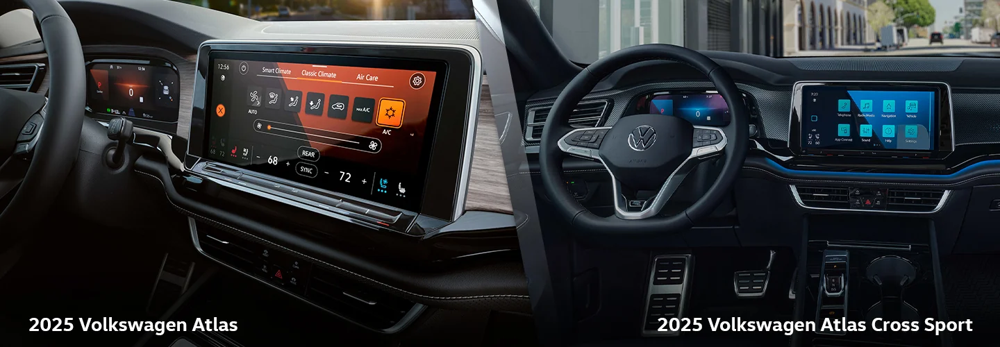 Side by side interior views of the 2025 Volkswagen Atlas and 2025 Volkswagen Atlas Cross Sport