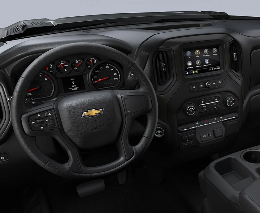 Interior view of the dashboard and tech 2026 Chevrolet Silverado 2500 HD