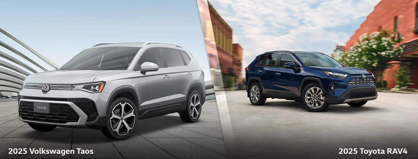 Side by side view of the 2025 Volkswagen Taos and 2025 Toyota RAV4