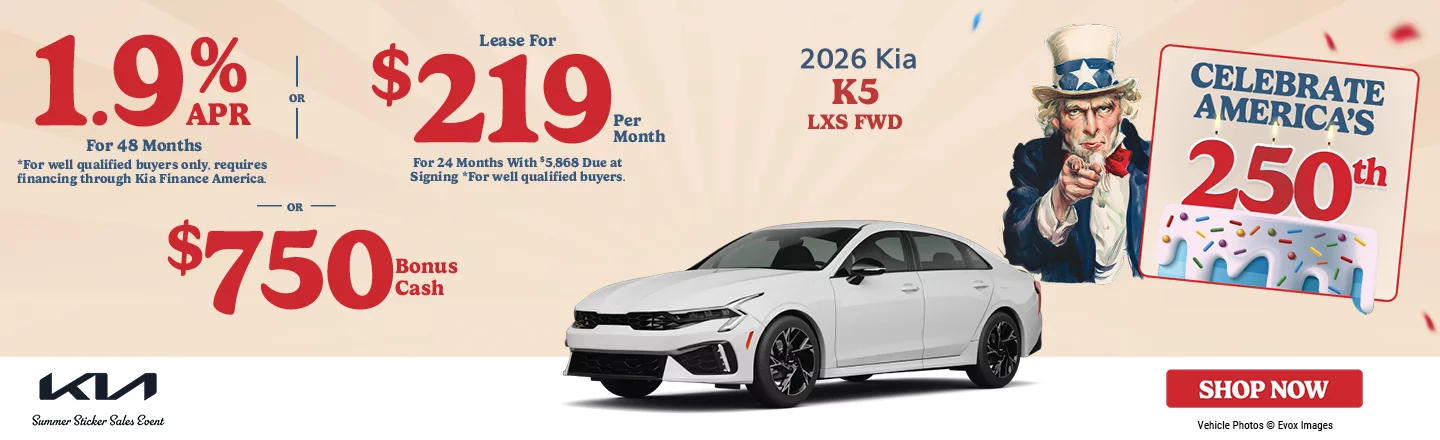2026 Kia K5 LXS FWD 1.9% APR For 48 Months *For well qualified buyers only, requires financing through Kia Finance America. -OR- Lease For $219 Per Month For 24 Months With $5,868 Due at Signing *For well qualified buyers. -OR- $750 Bonus Cash