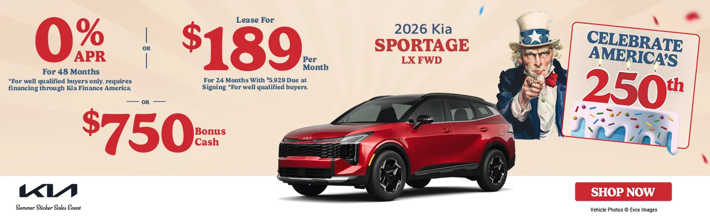 2026 Kia Sportage LX FWD 0% APR For 48 Months *For well qualified buyers only, requires financing through Kia Finance America. -OR-Lease For $189 Per Month For 24 Months With $5,929 Due at Signing *For well qualified buyers. -OR- $750 Bonus Cash