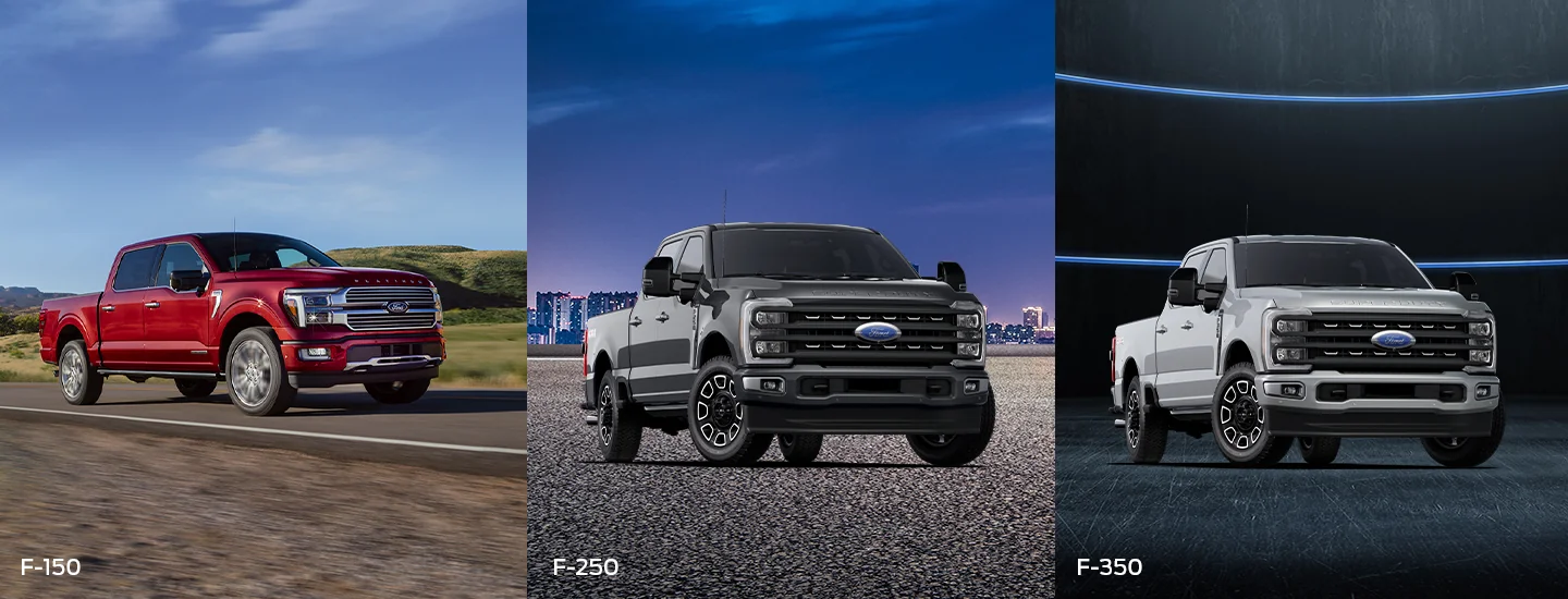 Side by side photos of a 2025 Ford F-150 F-250 and a F-350