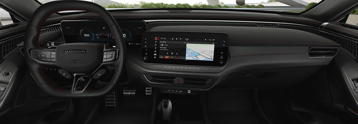 Interior view of the dash and tech in a 2025 Dodge Charger