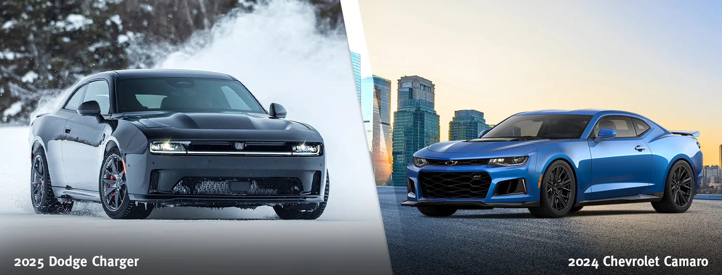 Side by side images of a Dodge Charger and Chevrolet Camaro