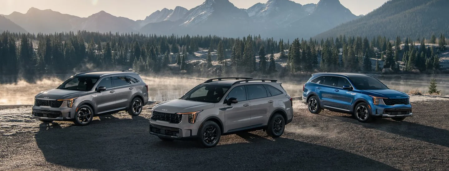 2025 Kia Sorento Hybrid EX lmodel lineup of 3 cars parked at a scenic mountain lookout