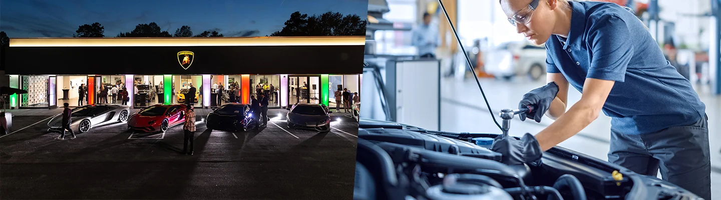 split image of Lamborghini car dealership at night and auto mechaninc working on car