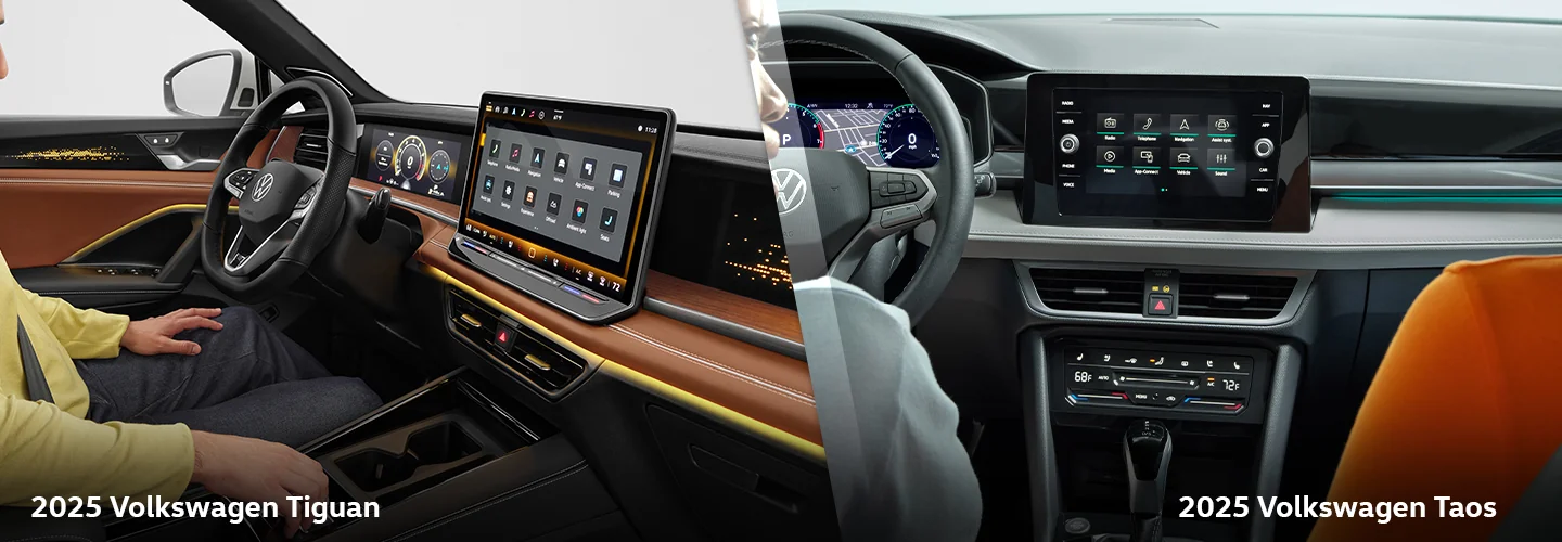 Interior side by side view of the 2025 Volkswagen Tiguan and 2025 Volkswagen Taos