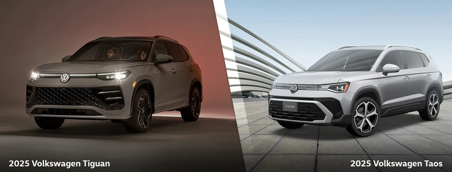 Side by side view of the 2025 Volkswagen Tiguan and 2025 Volkswagen Taos